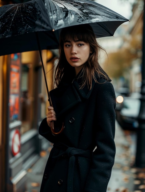 A beleza morena faz um passeio num dia chuvoso com um guarda-chuva.