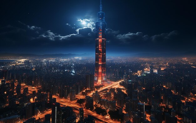 Foto a beleza noturna da cidade, vista aérea à noite