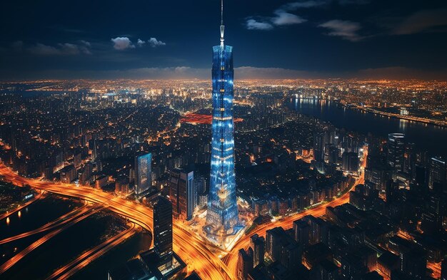 Foto a beleza noturna da cidade, vista aérea à noite