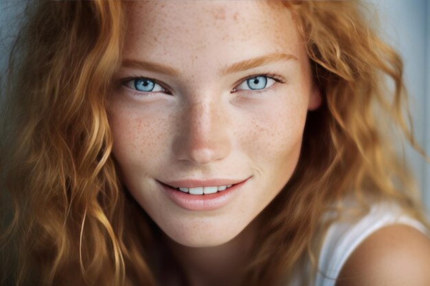 A beleza radiante de uma mulher loira e de olhos azuis com sardas Um sorriso cativante em deslumbrante 32