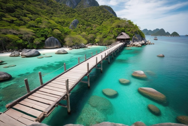 A beleza serena da ponte de madeira de Koh Nangyuans em Surat Thani