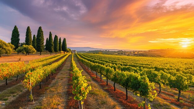 Foto a beleza serena do cativante vinhedo de bolgheri e dos pinheiros ao nascer do sol no outono na alta maremma da toscana