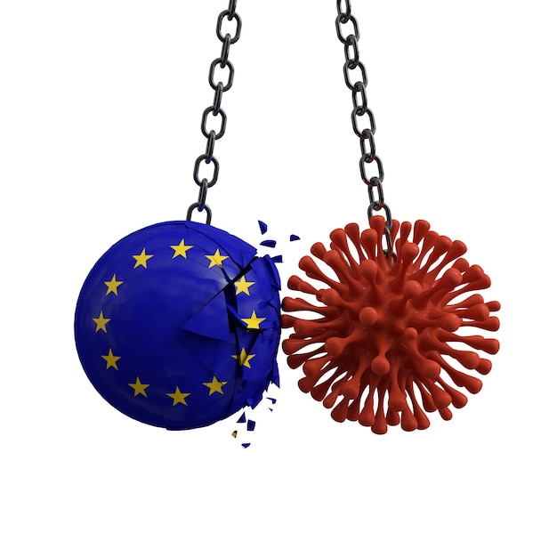 Foto a bola da união europeia bate em um micróbio de doença de vírus d render