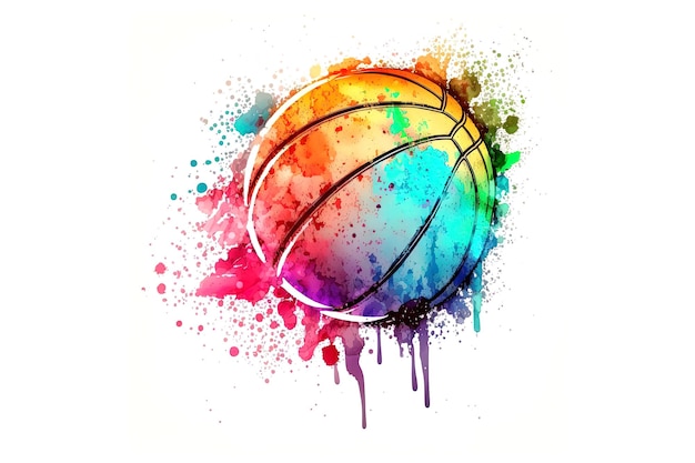 A bola de basquete é desenhada com aquarelas multicoloridas isoladas em um fundo branco Gerado por IA