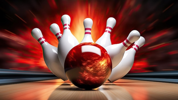 Foto a bola de bowling atinge os pinos os pinos voam embora luz no fundo renderização 3d