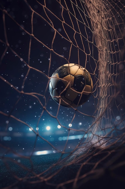 A bola de futebol atinge a rede para um gol gerado por IA