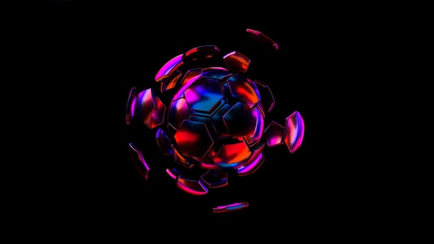 A bola de futebol divide peças e segmentos. Ilustração 3D em cores iridescentes.