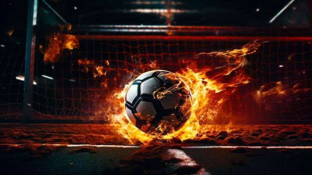 A bola de futebol está no meio da bola de fogo no campo de futebol Generative AI