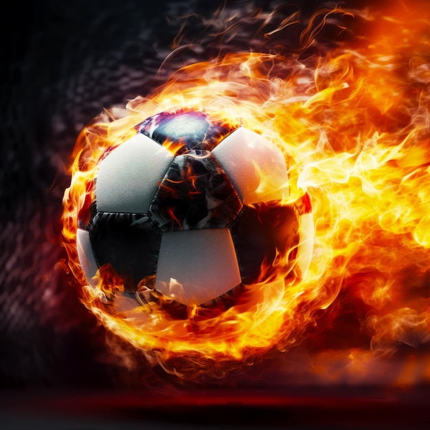 Foto a bola de futebol está no meio do campo cheio de fogo com fundo preto generative ai