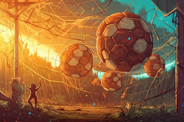 A bola de futebol voou para o gol A bola de futebol dobra a rede contra o fundo de flashes de luz marcando um gol de futebol ilustração generativa ai