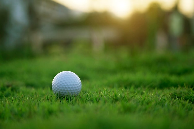 A bola de golfe está em um gramado verde em um belo campo de golfe