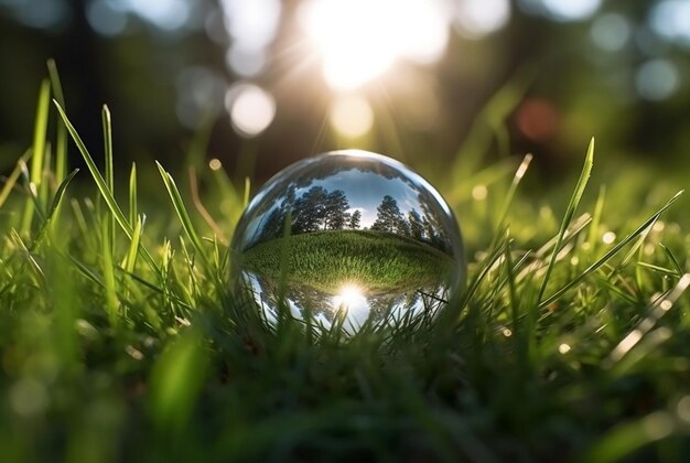 A bola de vidro na grama verde refletiu a natureza paisagem generativa ai