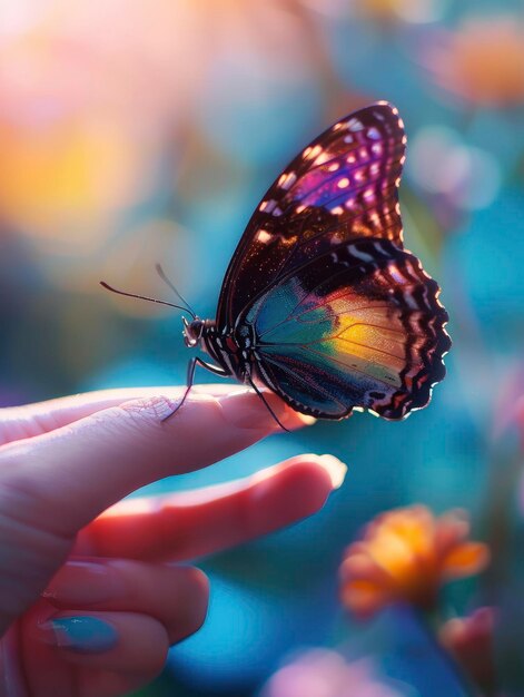 Foto a borboleta colorida senta-se nos dedos da mulher a harmonia da natureza copia o espaço belo close-up mágico