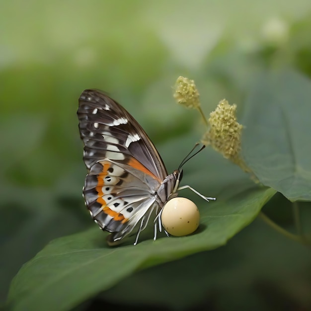 Foto a borboleta põe cuidadosamente os ovos numa folha.