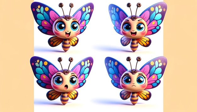A borboleta renderizada em 3D mostra diversas emoções através de quatro ângulos.