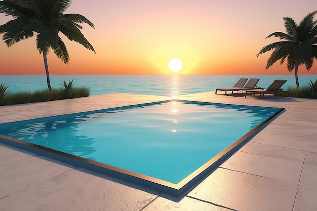A borda de uma piscina ao pôr do sol 3D Rendering