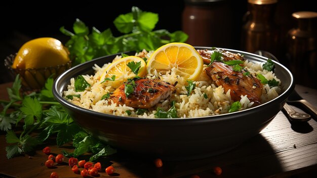 Foto a bowl of food with chicken and rice