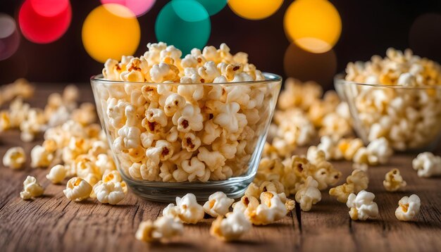 Foto a bowl of popcorn sits on a wooden table