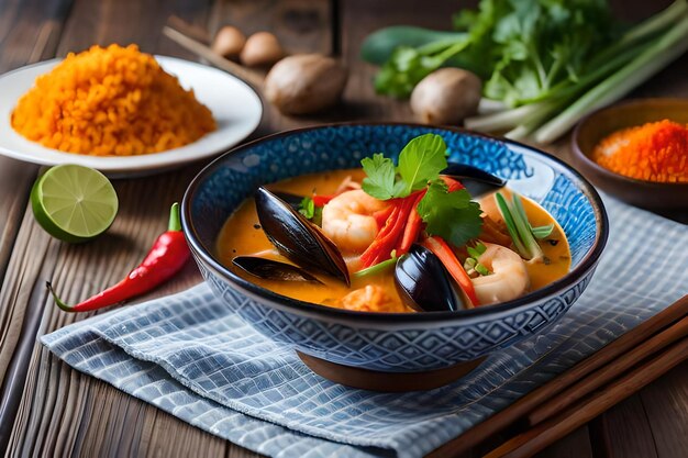 Foto a bowl of shrimp with rice and vegetables on a table.