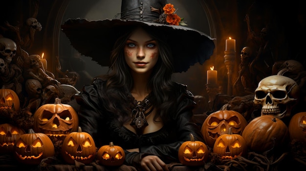 A bruxa bonita comemora o Halloween com abóboras