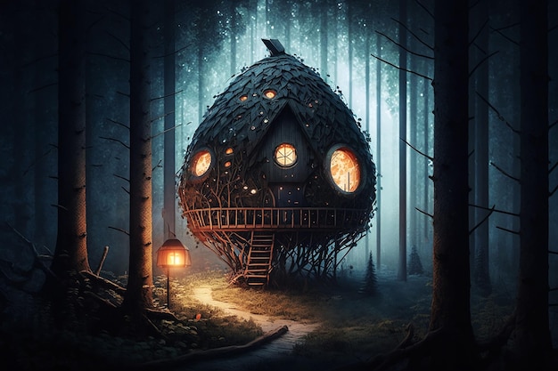 A cabana de Baba yaga na floresta mágica escura