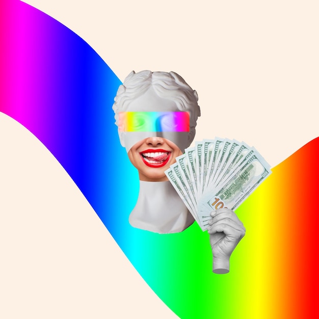 A cabeça da estátua sorridente feminina antiga segura um maço de notas de dinheiro de cem dólares. arte contemporânea 3d