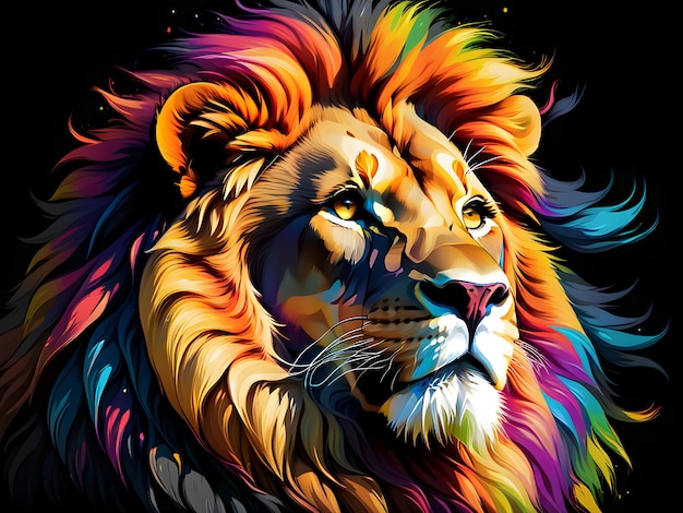 A cabeça de um leão em uma chama multicolorida em um fundo preto Generative Ai