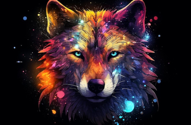 Foto a cabeça de um lobo em estrelas coloridas no estilo de processamento cruzado 3d desenhos coloridos