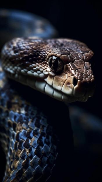 A cabeça de uma cobra é vista em um quarto escuro.