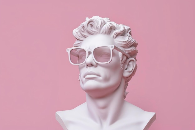 A cabeça de uma estátua mitológica branca com óculos cor-de-rosa à moda em seus olhos emoldurado em perfil AI Generative