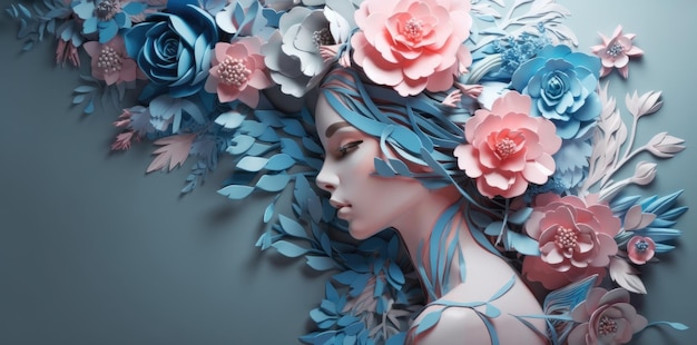 A cabeça de uma menina cheia de flores no estilo de recortes de papel delicados generative ai