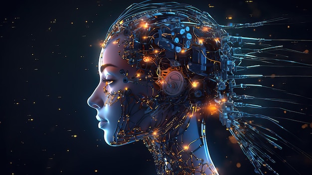A cabeça de uma mulher com muitas peças eletrônicas, criada com tecnologia Generative AI