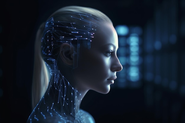 A cabeça de uma mulher com uma exibição azul de um cérebro digital.