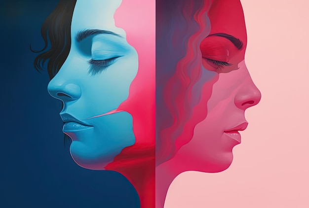 a cabeça de uma mulher é mostrada em azul e rosa no estilo de espaços positivos e negativos