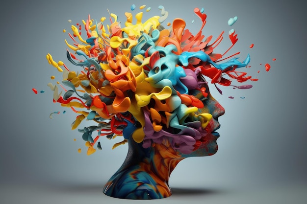 A cabeça de uma pessoa com tinta colorida espalhada por toda parte IA generativa