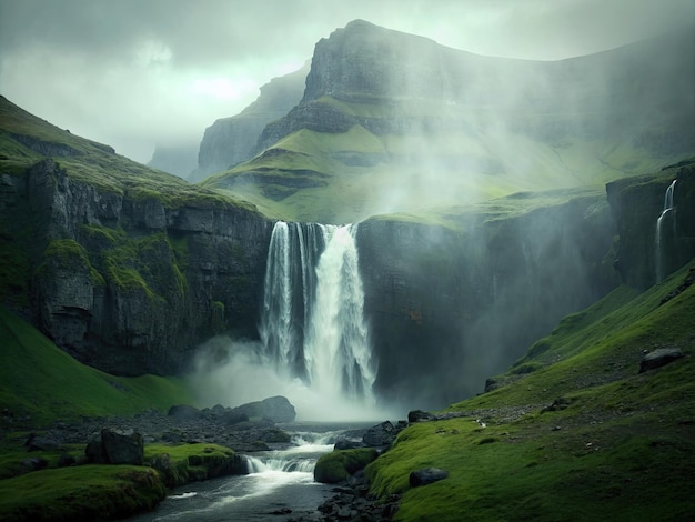 a cachoeira acima de uma região montanhosa na Islândia