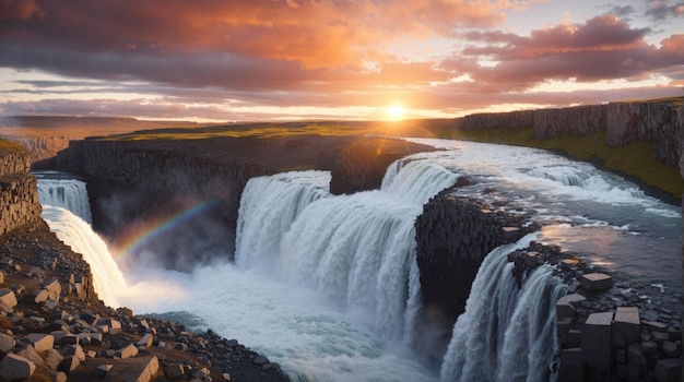 A cachoeira de Dettifoss ao pôr-do-sol, a mais poderosa da Europa, na Islândia