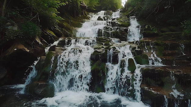 A cachoeira é uma bela visão a contemplar. A água cai em cascatas pelas rochas, criando uma exposição poderosa e hipnotizante.