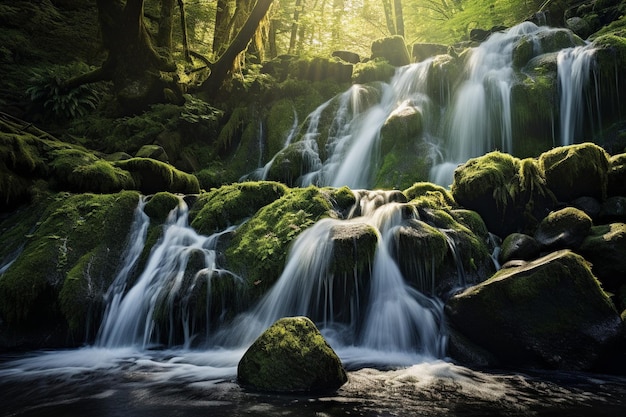 A cachoeira iluminada pelo sol desce em cascata pelos penhascos rochosos