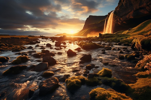 A cachoeira Seljalandsfoss brilha no abraço dourado do pôr do sol