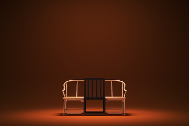 A cadeira vintage em estúdio laranja. Espaço de trabalho de layout. Renderização 3D.