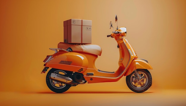 A caixa de encomendas e o ícone de compra são colocados na tela da loja de smartphones e há uma scooter de entrega