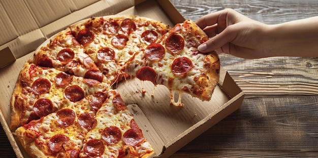 A caixa de pizza com uma mão alcançando uma fatia de pizza da caixa