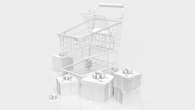 A caixa de presente branca e o carrinho de compras em renderização 3d de fundo branco