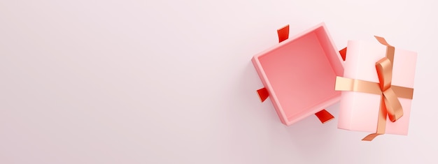 A caixa de presente rosa de renderização 3D abre mostrando um espaço em branco dentro para design comercial