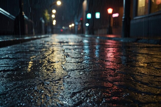 Foto a calçada salpicada de chuva sob as luzes das ruas