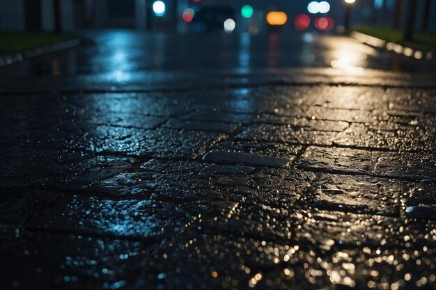 Foto a calçada salpicada de chuva sob as luzes das ruas