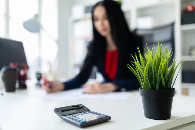 A calculadora está sobre a mesa do escritório. linda garota, trabalhando com calculadora e documentos no escritório à mesa.