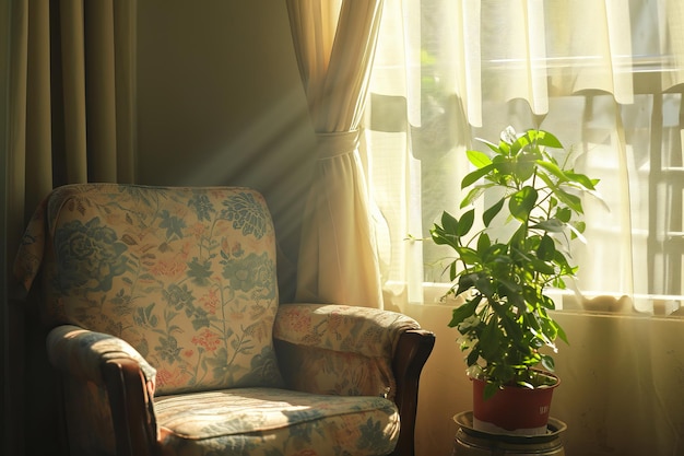 A calma de um canto bem iluminado uma única cadeira e planta banhar-se na quietude de uma sala iluminada pelo sol
