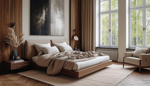 a cama é em uma cor calma e neutra no estilo poético e atmosférico